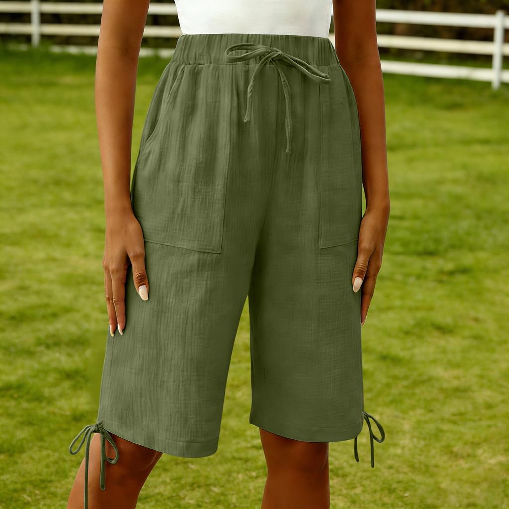 Women's Fashionable Color Elastic Waist Pocket Casual Loose Cotton And Linen Five Quarter Shorts