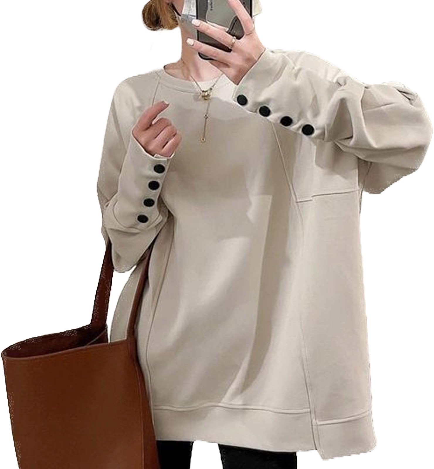 

Solid Loose Plus Sizes Everyday Class Round Cut and Oversized Casual High Size [J.STORE] Women s Sweatshirt, Color, Fit, Available, Cute, Wear, бежевый