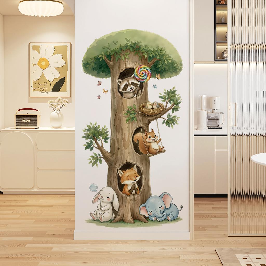Cute Cartoon Tree Animals Wall Sticker Raccoon Squirrel Bunny Elephant Peel Stick Decal for Kids Bedroom Nursery Playroom Decor