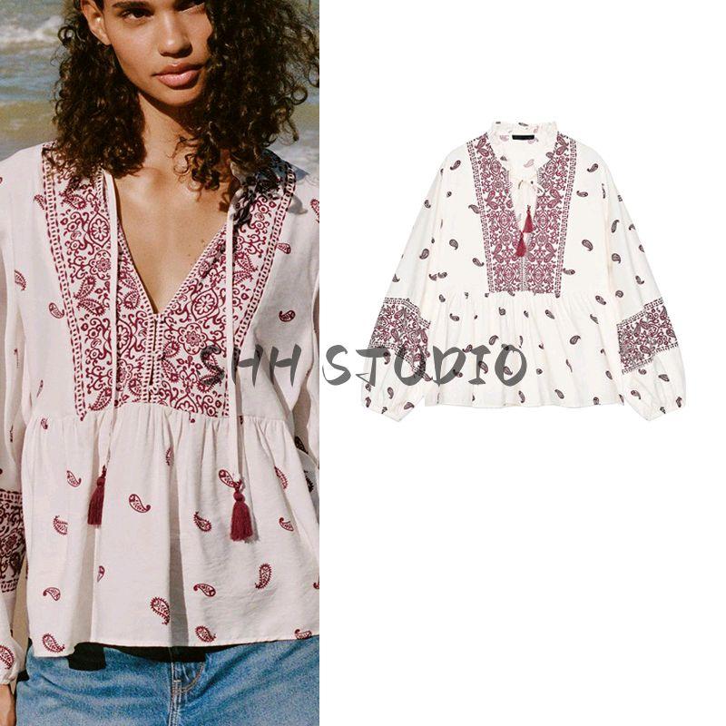 Spring and Summer New Women's Clothing French Style Laminated Decoration Su Sui Decoration Printed V-neck Long Sleeve Shirt Top 5029081