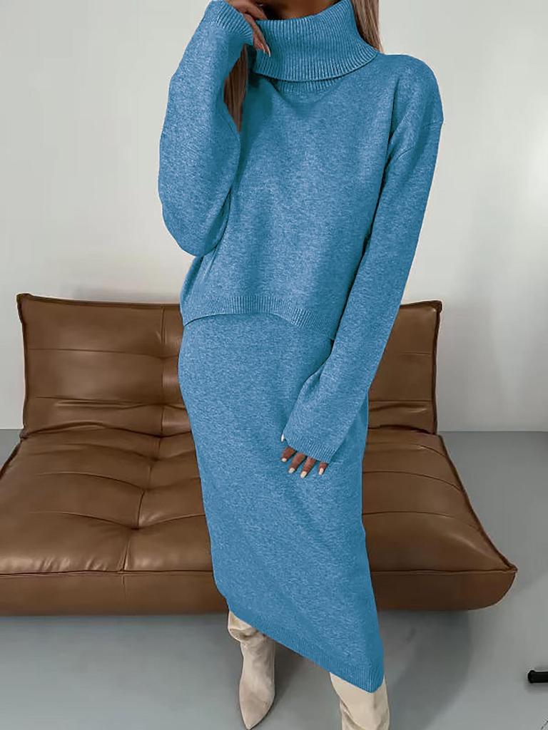 High Neck Long Knit Sweater Dress Two-Piece Set for Autumn/Winter