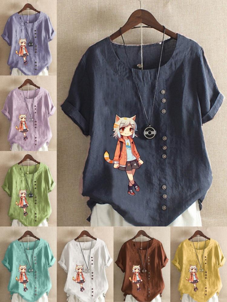 Women's Fashion Cute Girl Print Shot Sleeve T-shirt Loose Cotton Shirt Casual Loose Summer Blouse Tops Plus Size