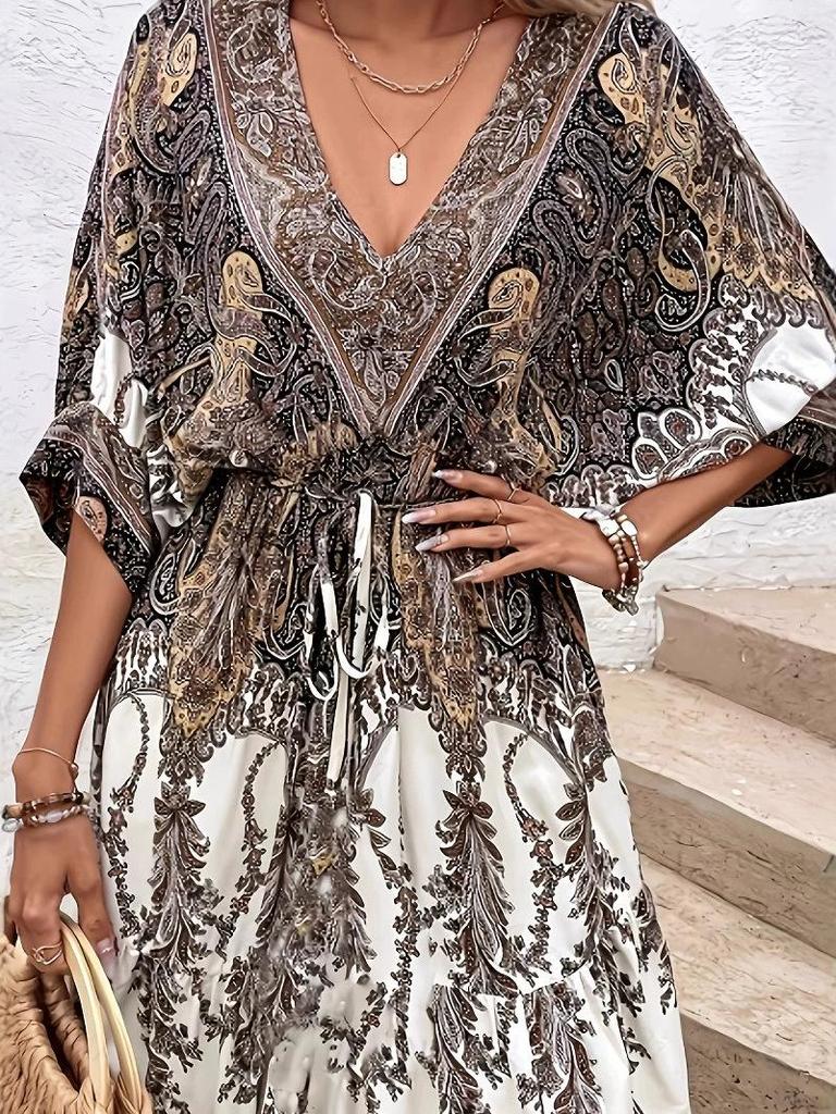 Retro Bohemian V-Neck Backless Batwing Sleeve Dress for Vacations (European & American Style, 2025)