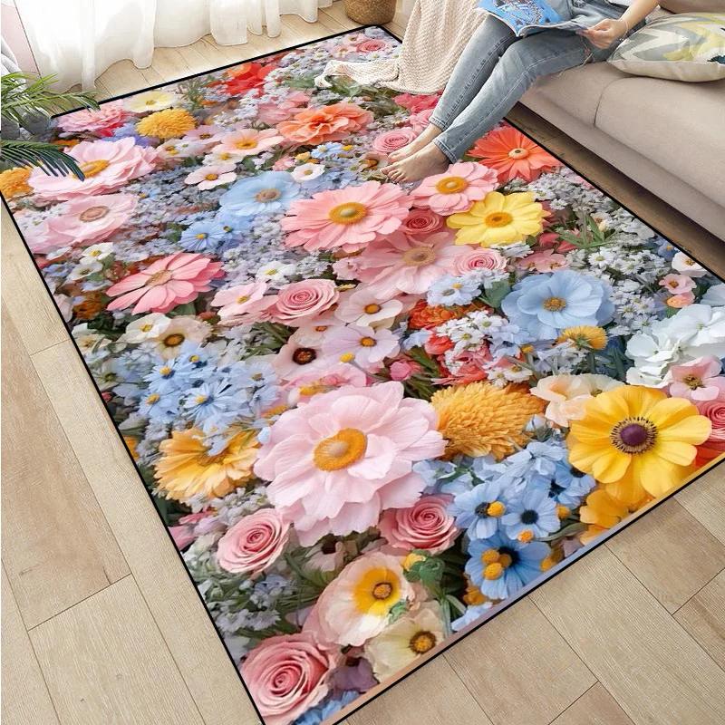 Rose Sunflower Daisy Peach Blossom Carpet Mat Colorful Flower Area Decorative Rugs for Room