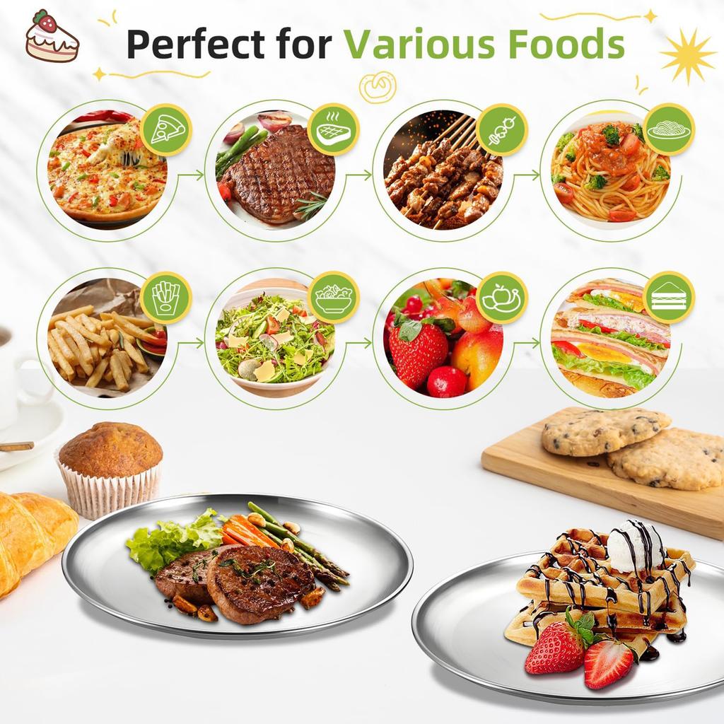 8 Pack Brushed Stainless Steel Plates, Round Kitchen Metal Dish Plates, Camping Serving Plates for BBQ, Snack, Salad, Appetizer, Fruit, Cookies
