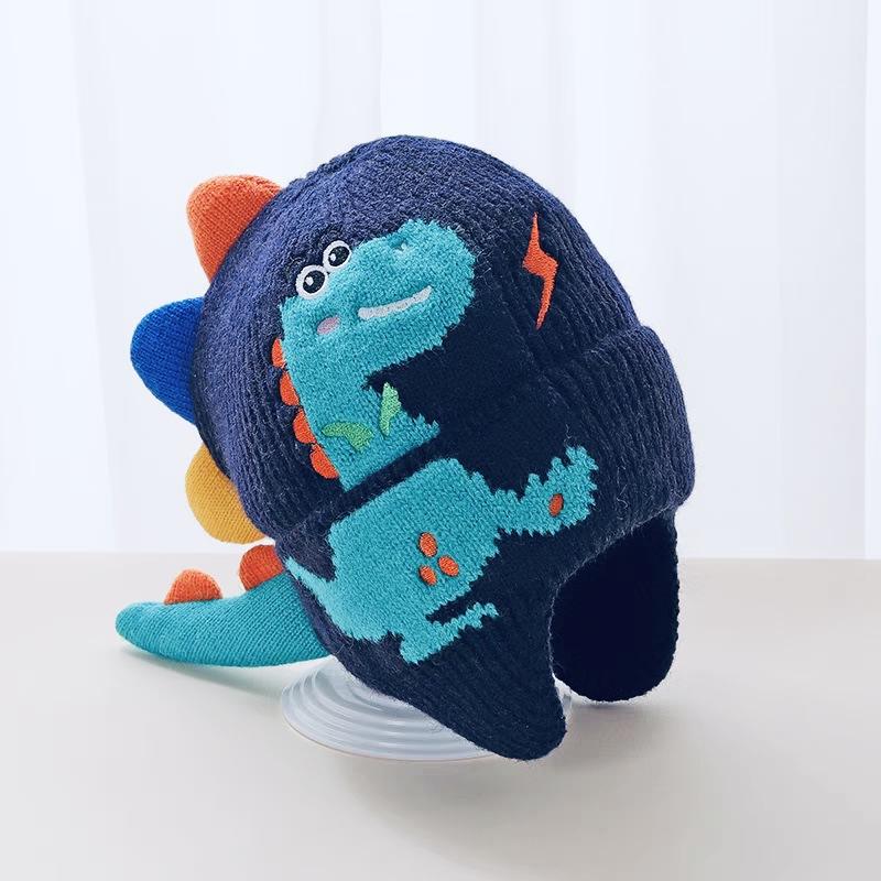Little dinosaur cartoon ear protection hat boy baby knitted hat autumn and winter new children's wool warm hat girl windproof hat