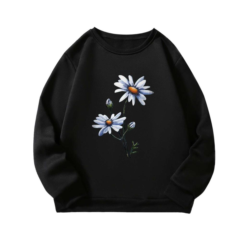 Women's Autumn Flower Print Round Neck Hoodie Ladies Oversized Casual Long Sleeved Pullover Tops
