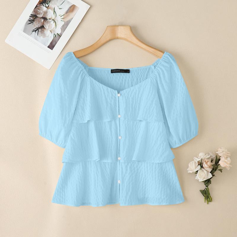 

ZANZEA Women Casual Square Neck Summer Short Sleeve Loose Blouse 2XL