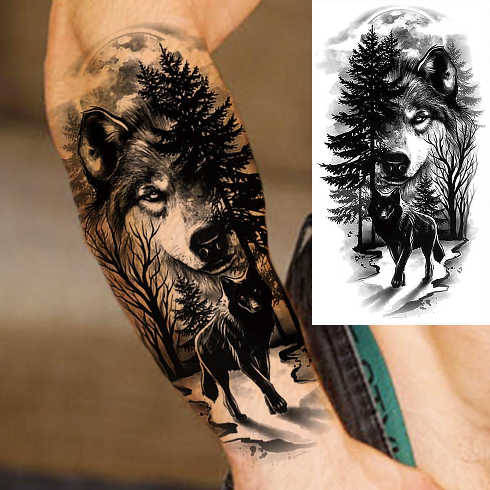 1 Sheet Lion Wolf Skeleton Nun Tiger Black Temporary Tattoos For Men Adult Leg Arm Compass Flower Fake Tattoo Sticker Waterproof