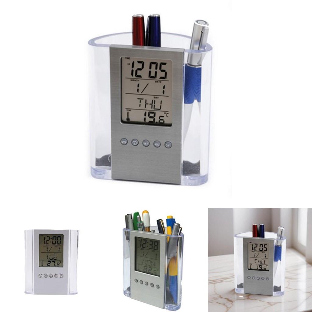Creative Acrylic Office Pen Cup With Digital Date Clock And Multifunction Storage For Professionals
