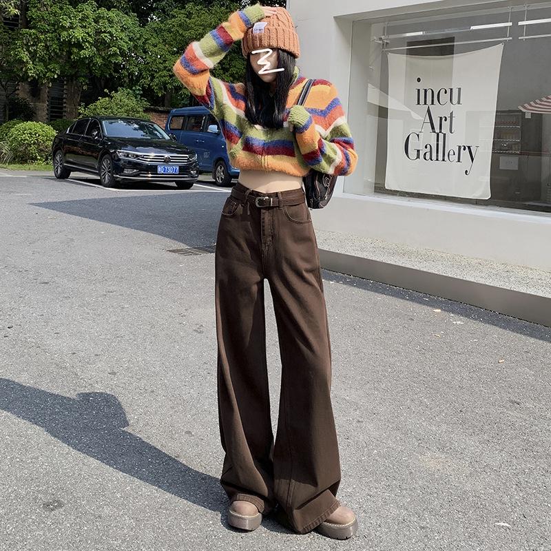 Maillard Women's Retro Brown Wide-Leg High-Waist Jeans, Plus Size, Floor-Length, Spring/Autumn 2025