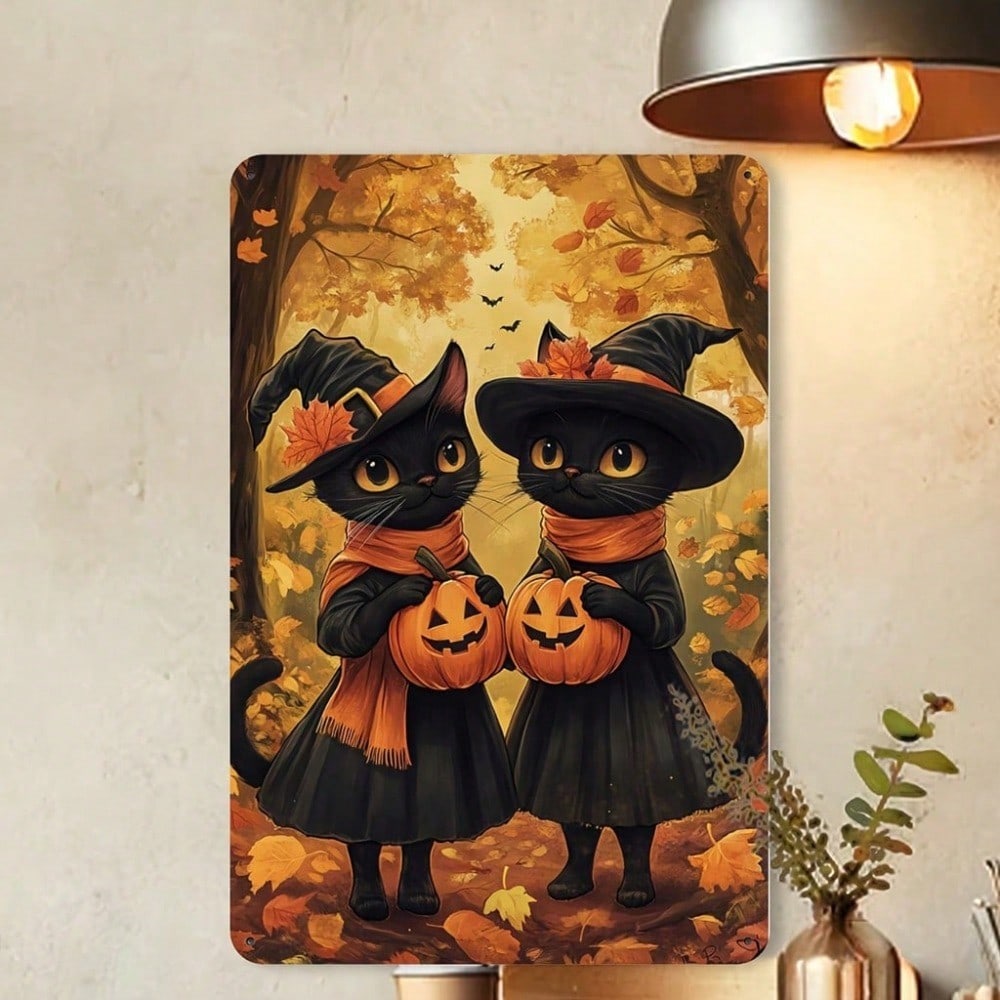 1pc Vintage Halloween Witch Cats Metal Tin Sign 8x12 Inch Classic Wall Art Pumpkin Lanterns Indoor Outdoor Decor