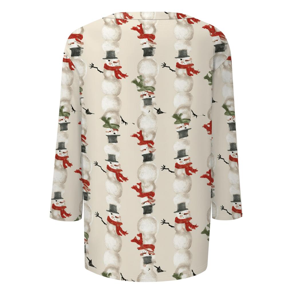Women's Christmas Print V-Neck Three-Quarter Sleeve Loose Fit Casual Shirt for Everyday Wear