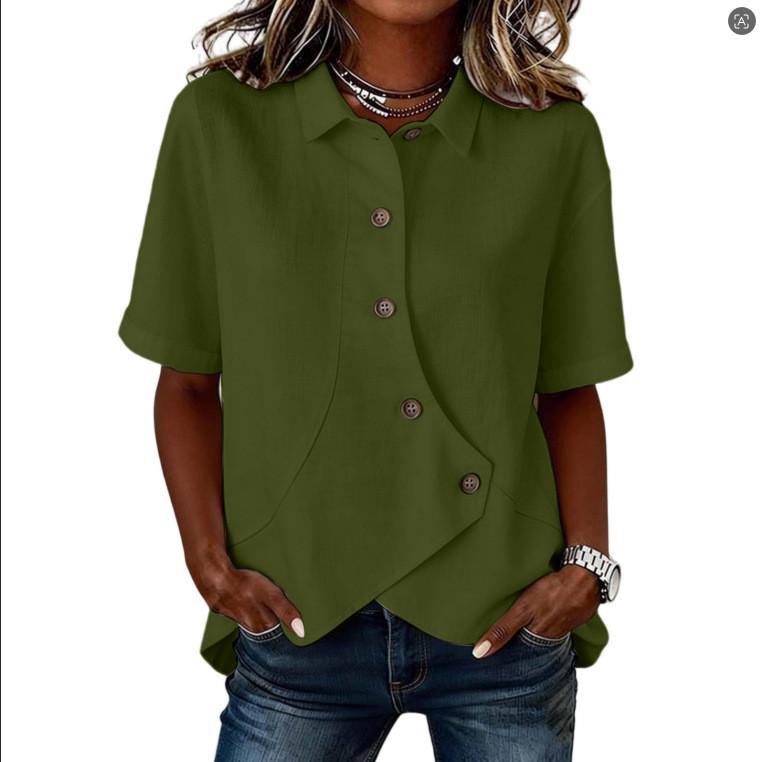 Casual Solid Color Cotton Short Sleeve Shirt For Women With Asymmetric Design For Office Wear