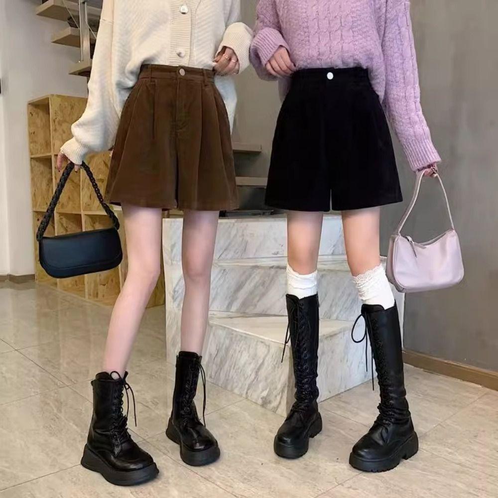 Elastic Women Corduroy Shorts High Waist Loose Streetwear Casual Wide Leg Short Pants  Girl