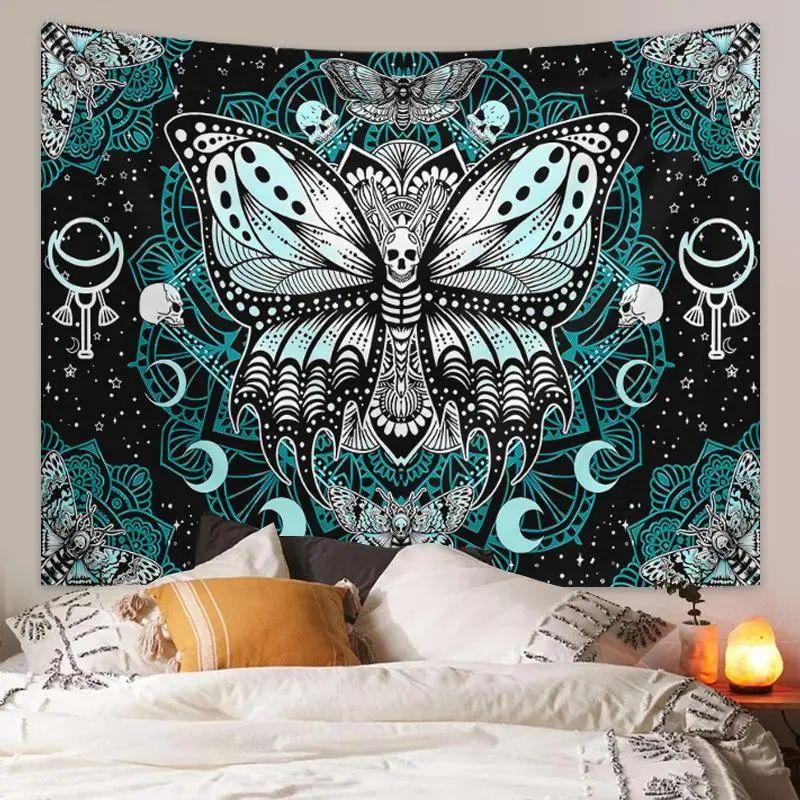 Witchy Moth Skull Wall Tapestry Teal Moon Mandala Goth Dark Spiritual Teen Room Hanging Cloth Decor