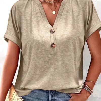 Plus Size Solid Button Front T-shirt, Casual Short Sleeve Notched Neck Top For Spring & Summer