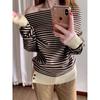 Korean Casual Retro One-Shoulder Striped Knitted Sweater for Women - Early Autumn 2025 Collection