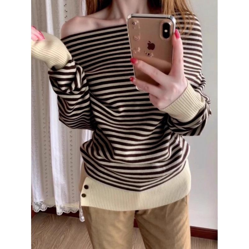 Korean Casual Retro One-Shoulder Striped Knitted Sweater for Women - Early Autumn 2025 Collection