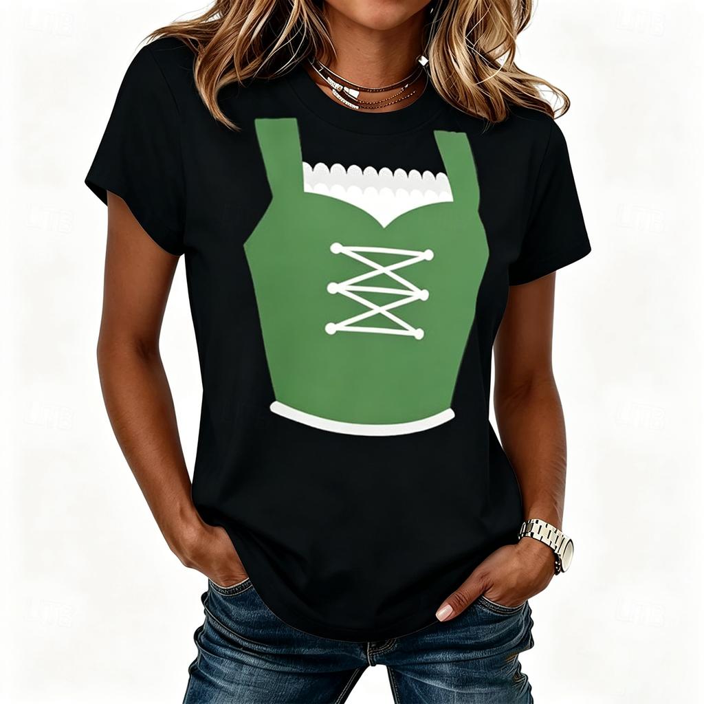 Women’s Casual Round Neck Short Sleeve Pullover T-Shirt with Festival Graphic Print Relaxed Fit Comfortable Style Top