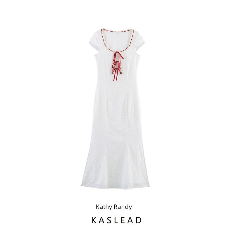 Kaslead New Women Clothes Western Style Fashion Simple Cotton Cloth Embroidery Lace Patchwork Dress