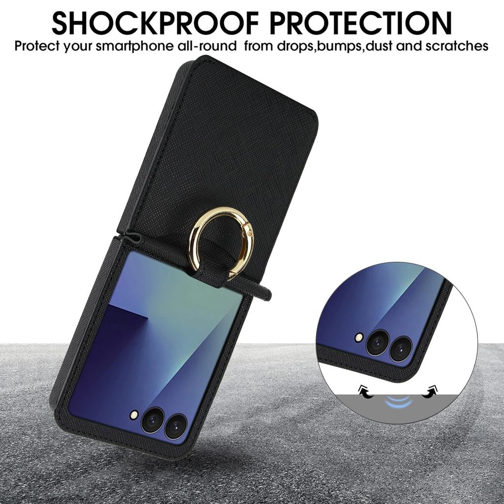 Premium Leather Crossgrain Card Pocket Phone Case For Samsung Galaxy Z Flip 8 7 6 5 4 With Metal Ring Holder Shockproof Cover