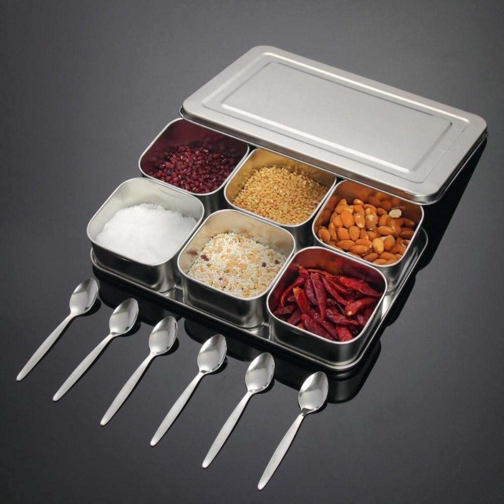 Rectangle Shape Stainless Steel Seasoning Box with Lid Spice Jar Storage Set  Kitchen Use