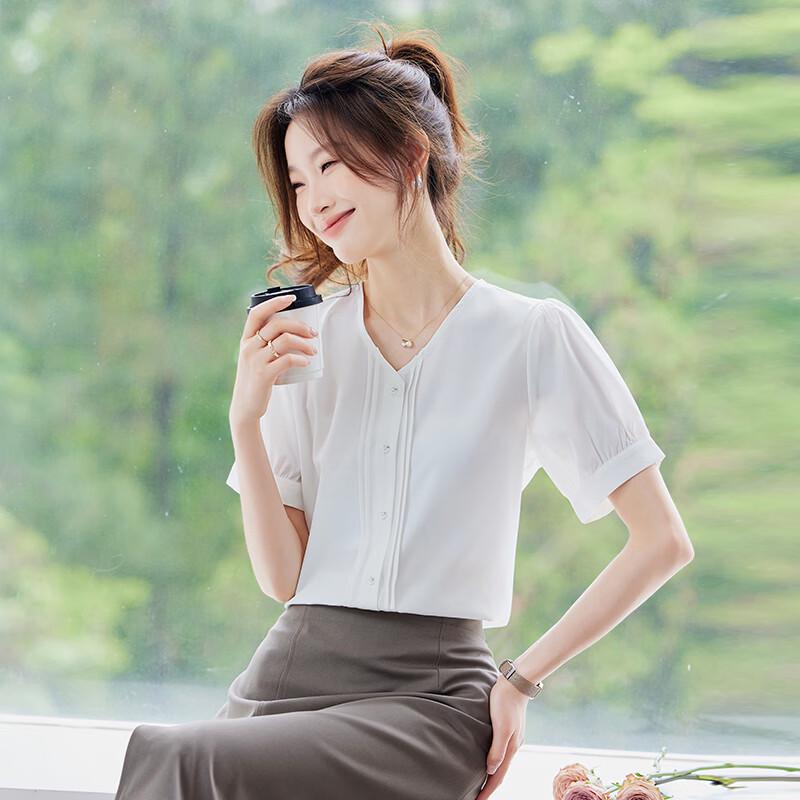 Tluoman Elegant V-Neck Chiffon Short Sleeve Blouse