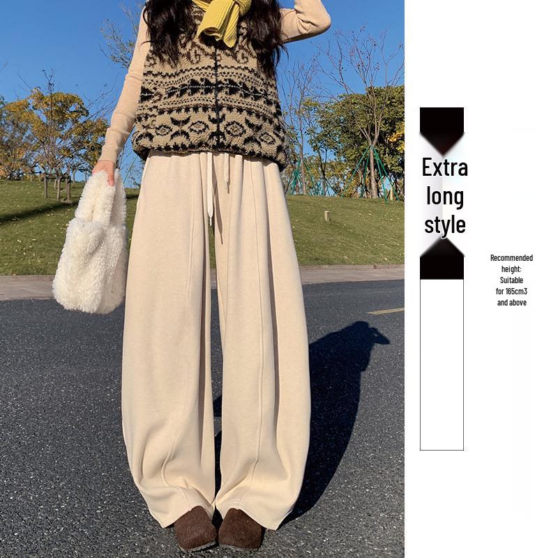 

Retro Grey Women s High-Waisted Woolen Wide-Leg Sweatpants - Thickened for Autumn/Winter, Lazy Style S (80-95 lbs)
