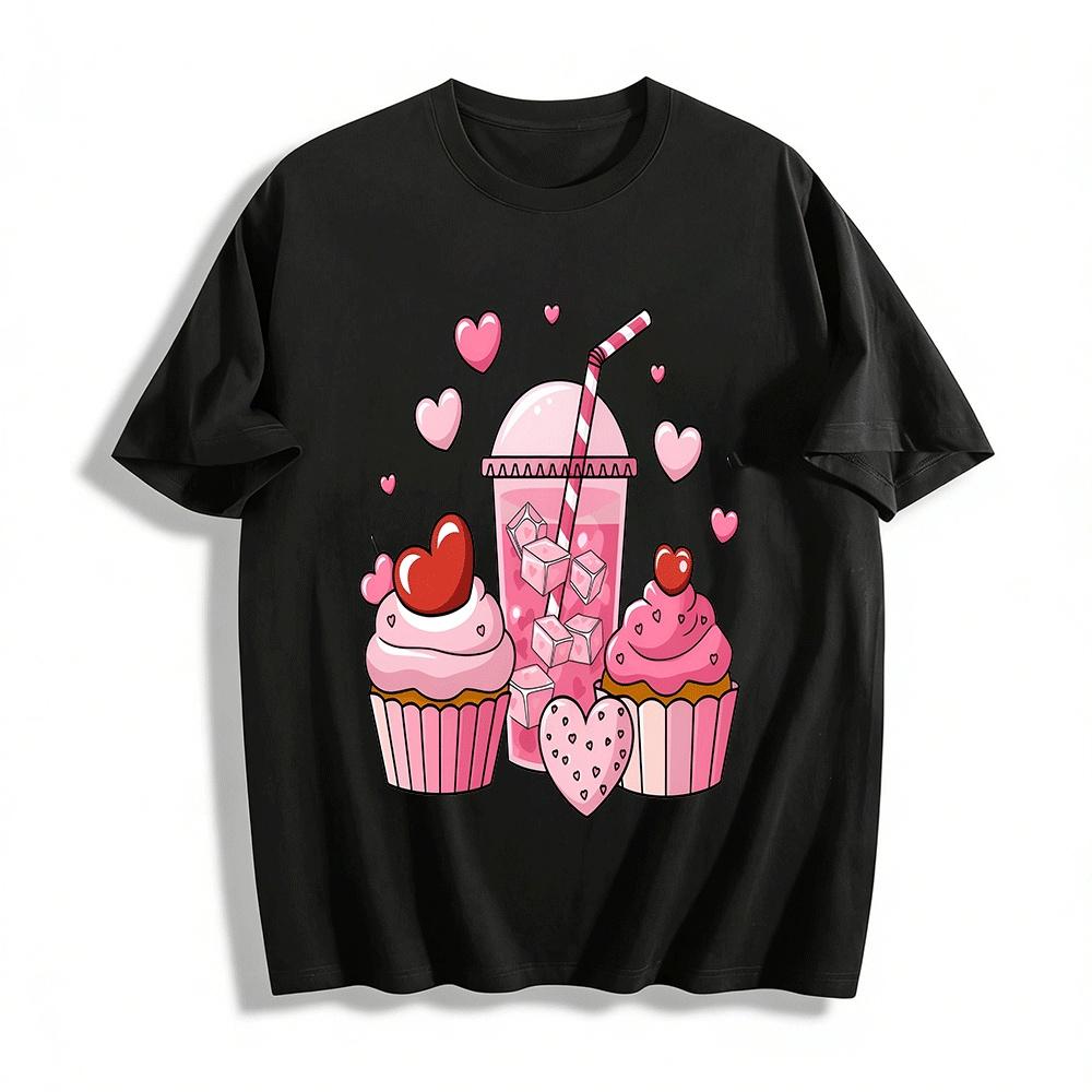 Valentine s Day Heart Dessert Print Casual Top Pure cotton T-shirt XXS