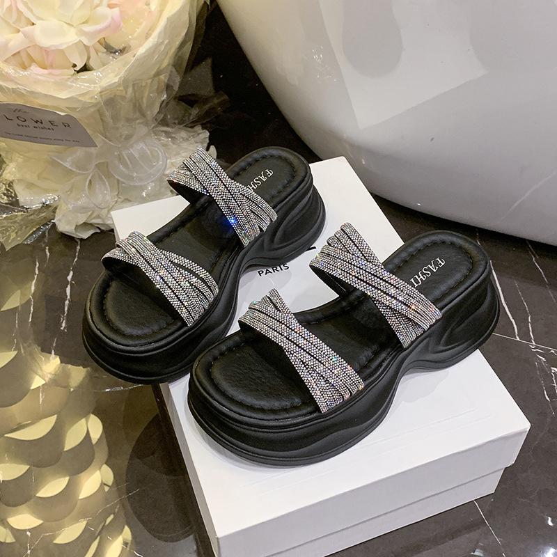 2025 New Fairy Rhinestone Word with Cool Slippers Waterproof Table High Heel Slippers Female Summer Wear Cool Slippers