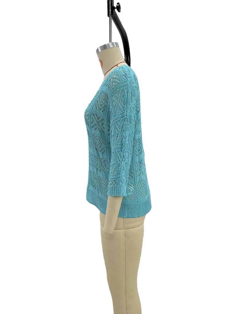 Spring/Summer 2025 Crochet Hollow Seven-Sleeve Off-the-Shoulder Pullover Sweater for Women
