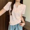 Pink Striped Color Buckle V-neck Front Shoulder Short-sleeved T-shirt Women's Summer Large Size Fat Mm Shirt Dopamine Top