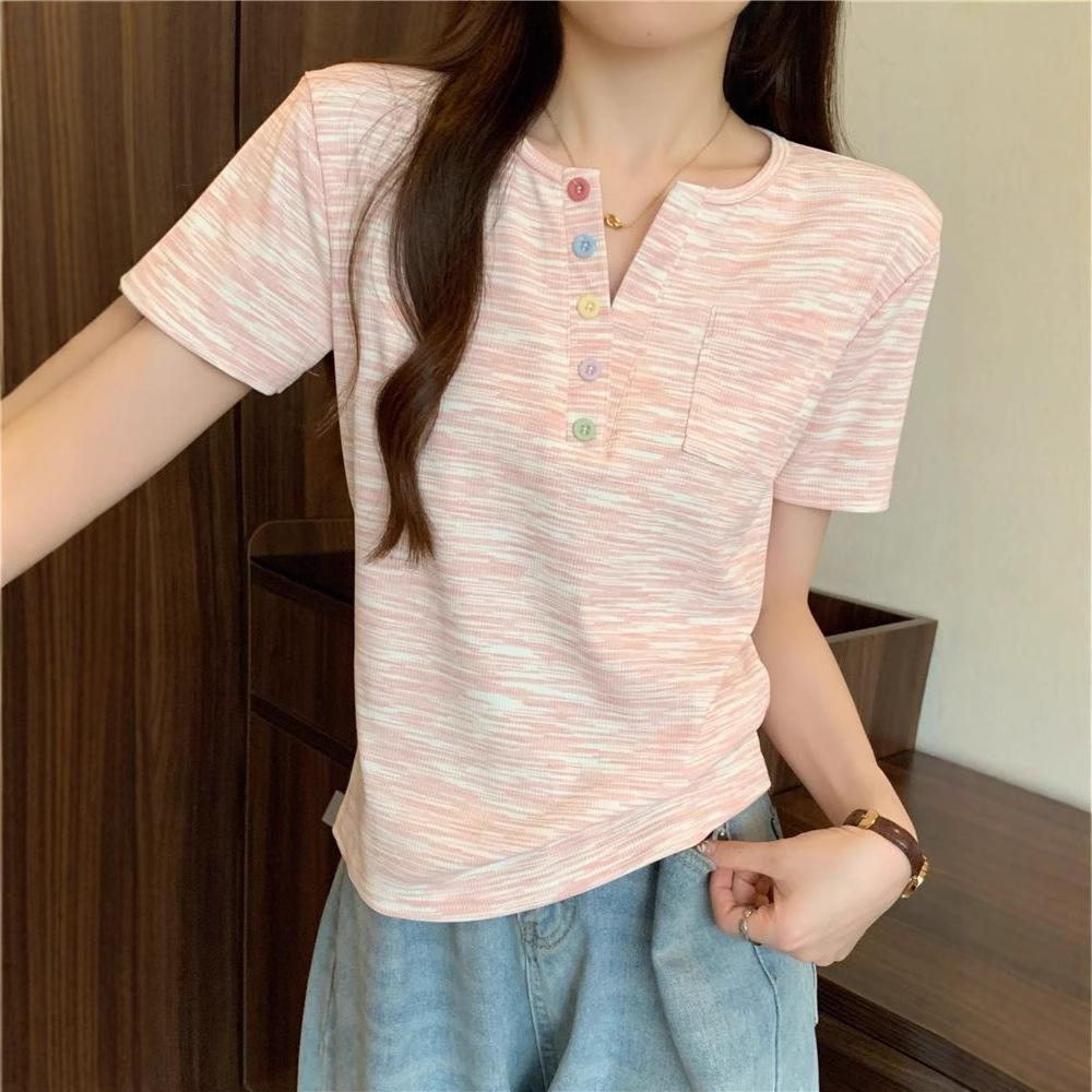 Pink Striped Color Buckle V-neck Front Shoulder Short-sleeved T-shirt Women's Summer Large Size Fat Mm Shirt Dopamine Top