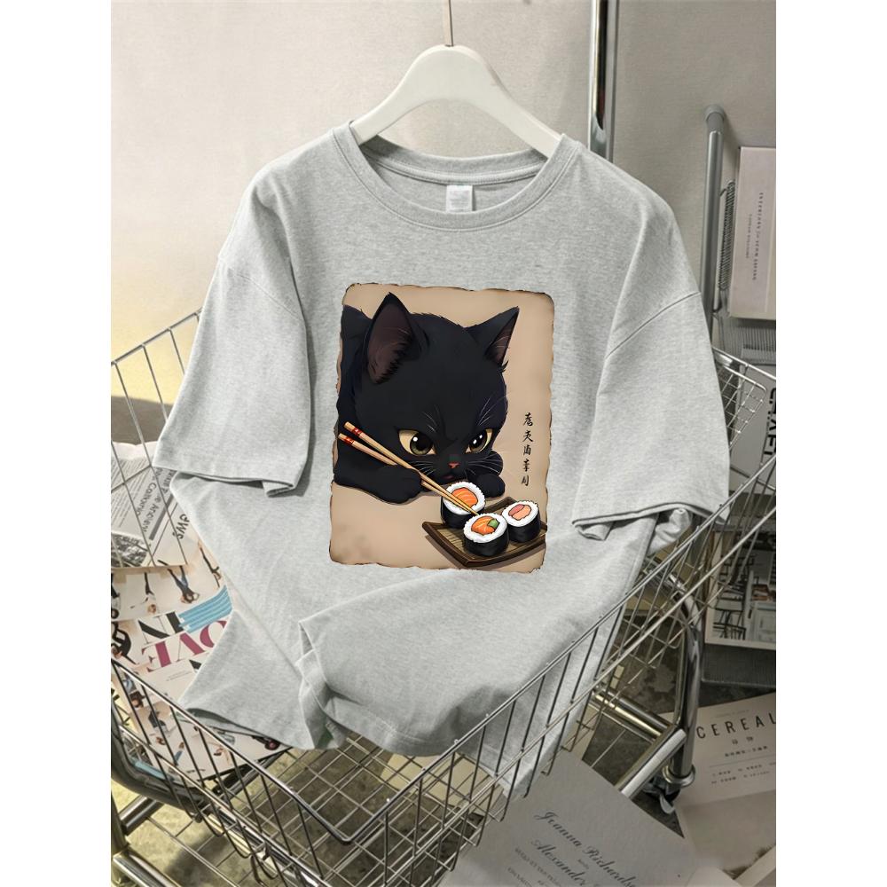 Cute Cat Enjoying Sushi Printing T-Shirts Womens Cotton Summer Oversized Tops O-Neck Short Sleeve T Shirts Street Soft Clothes