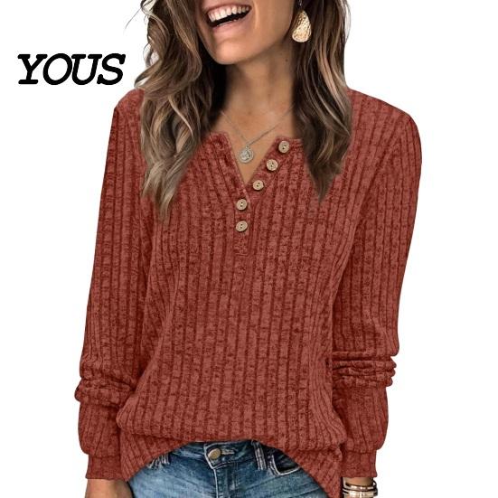 Crew Neck Pullover Women Ribbed Long Sleeve Top, Loose Casual Blouse with Button, Solid Soft Blouses Color ShCrew irt for Spring Autumn Top
