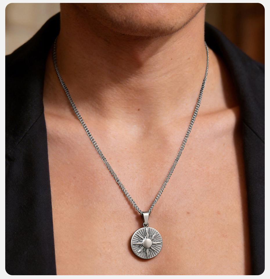 Vnox Sunburst Pendant Necklace for Men, Gold Plated Gray Stainless Steel Link Chain, Trendy Jewelry Gift for Husband Son Dad