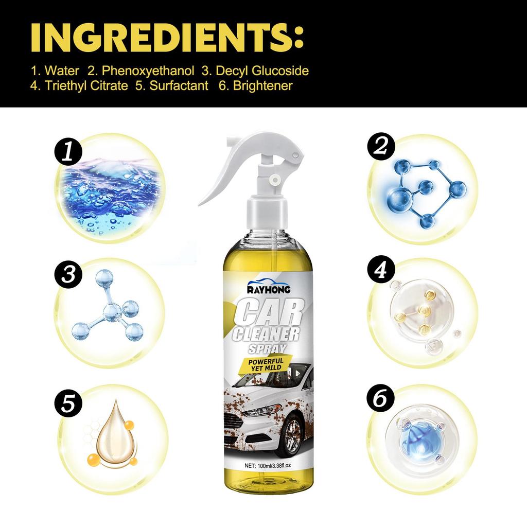 RAYHONG Bilrengjøringsspray 100ml Fjerner fett, støv og flekker Renser skånsomt billakk Flerbruksvedlikehold