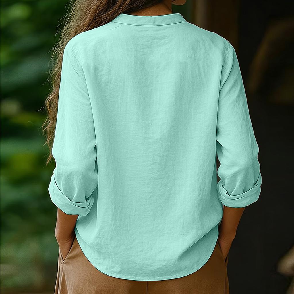 Women's Color Casual V-neck Long Sleeved Pullover Cotton And Linen Top