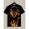 Men's Flame Lion 3D Printed T-Shirt Casual Short Sleeve Crewneck Top Cool Fiery Fire Animal King Graphic Tee Hip Hop Style Dark Streetwear Apparel
