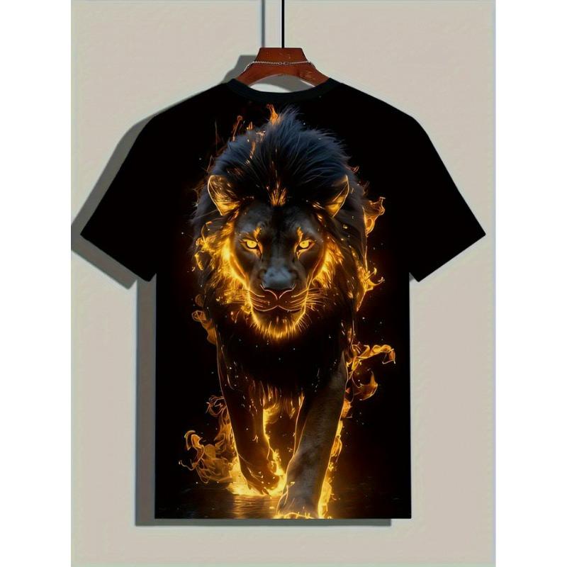 Men's Flame Lion 3D Printed T-Shirt Casual Short Sleeve Crewneck Top Cool Fiery Fire Animal King Graphic Tee Hip Hop Style Dark Streetwear Apparel