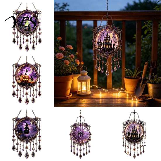 Retro Home Ornaments Halloween Crystal Window Suncatcher, Acrylic Witch Hanging Wind Chime, Decorative Seasonal Holiday Decor Ornament for Indoor