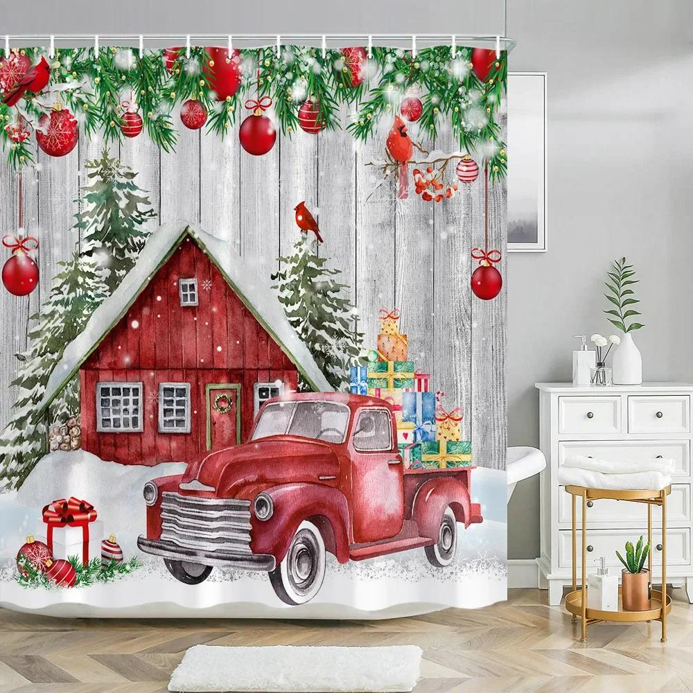 Xmas Decorative Shower Curtains Fireplace Christmas Tree Winter New Year Gift Bathroom Decor Fabric Bath Curtian Hanging