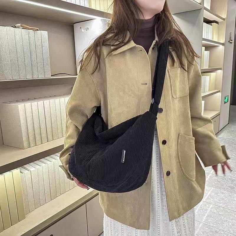 Japanese Style Corduroy Tote Bag Women Casual Large Capacity Student School Commuting Crossbody Shoulder Bag Fashiable Handbag
