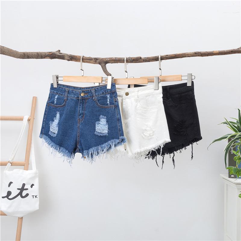 Plus Size Women's High-Waist Ripped Denim Shorts - Summer Loose Fit, Raw Edge, A-Line Style