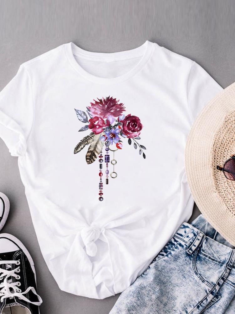 (Asian Size) flower watercolor cute Casual Women's Top Print Short Sleeve T-shirts T Clothing O-neck Fashion Female Graphic Tee