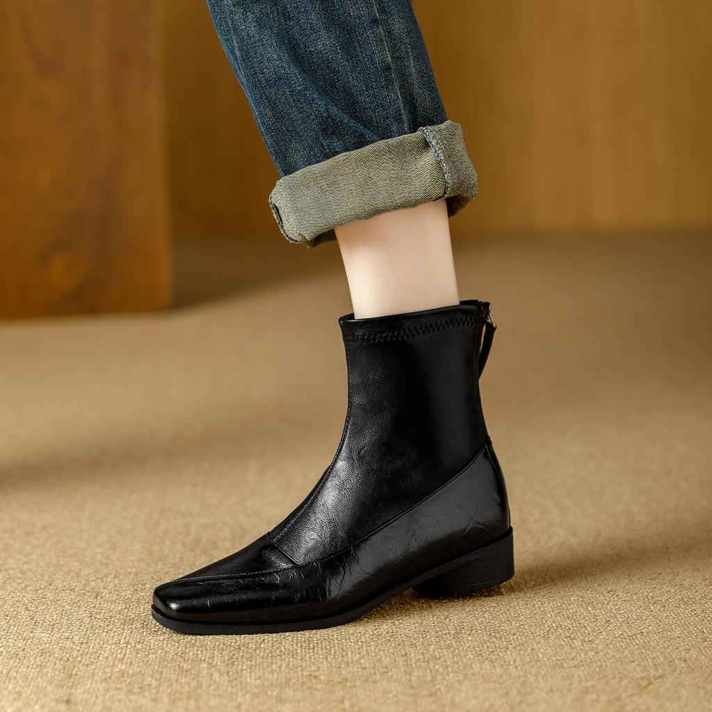Square head small short boots women's 2025 new autumn Maillard thin boots fashionable versatile rear zipper Martin boots