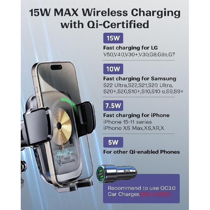 KPON Wireless Charger for Car, Car Phone Holder Charger Mount Qi Certified Auto Clamping 15W Fast Charging for Dashboard Air Vent Windshield Mount
