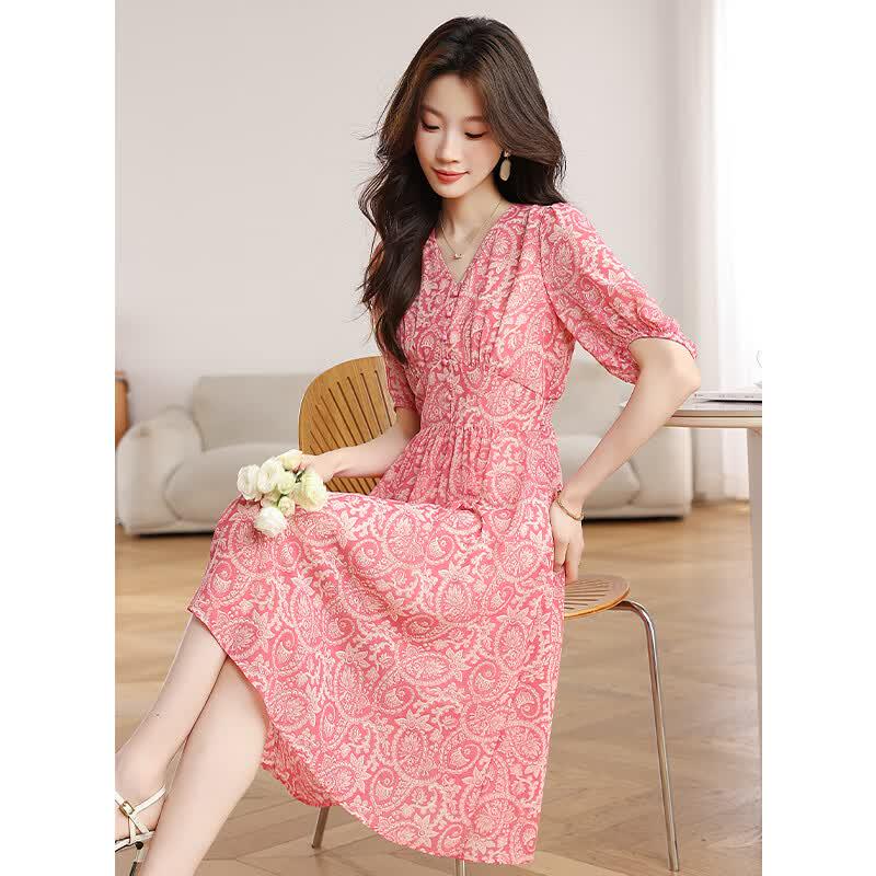 La Chapelle Pink Floral A-Line Chiffon Dress