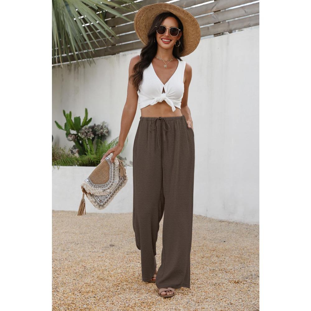 New summer casual women’s drawstring, loose-fitting, slimming, plain-coloured wide-leg trousers